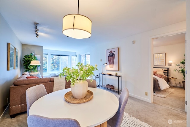 carpeted dining space with rail lighting