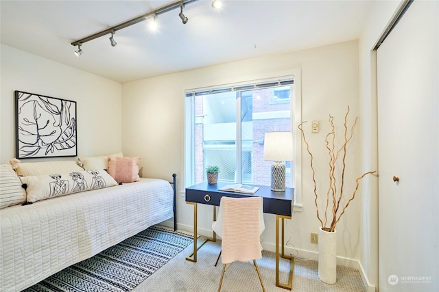 carpeted bedroom with a closet and track lighting