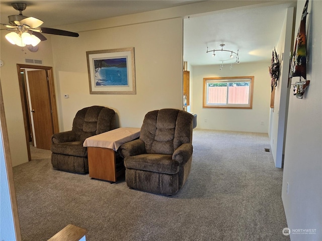 living area with carpet flooring, ceiling fan, and track lighting