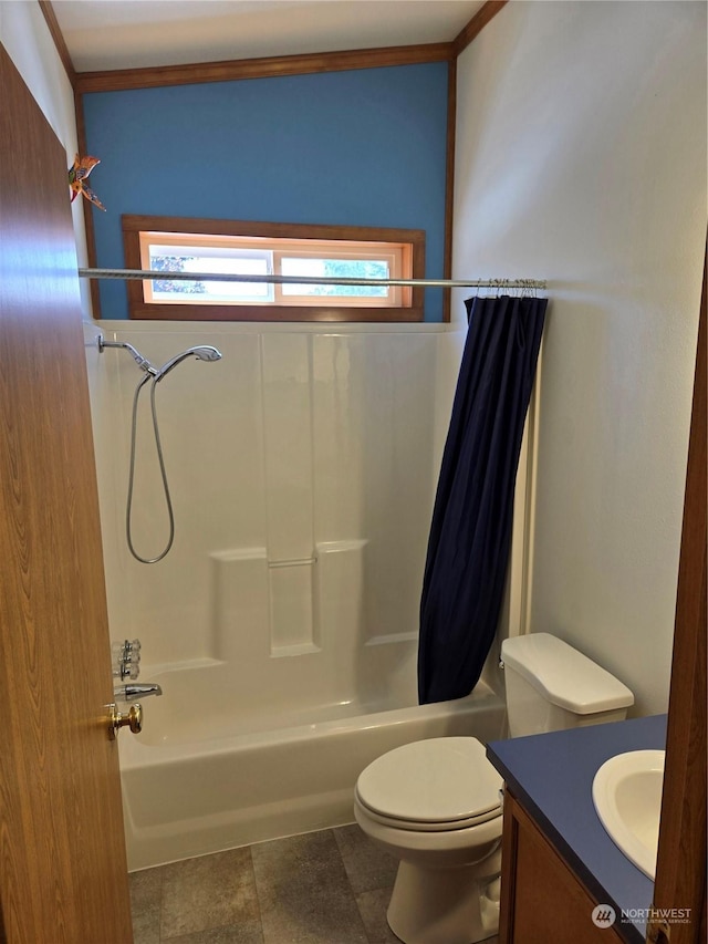 full bathroom with tile patterned floors, vanity, toilet, and shower / tub combo with curtain