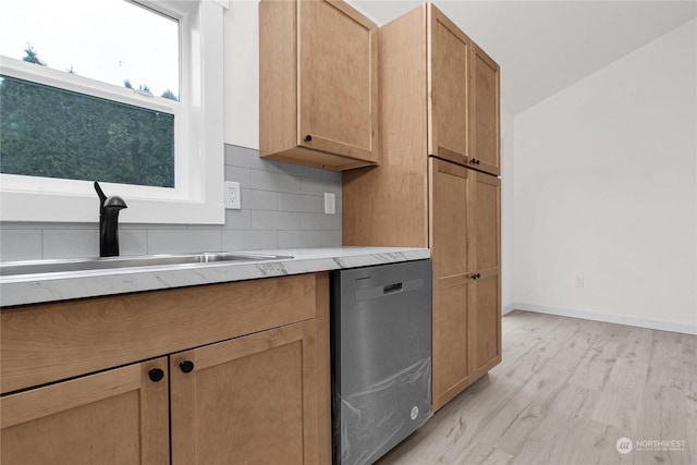 kitchen with dishwasher, backsplash, light hardwood / wood-style floors, and sink