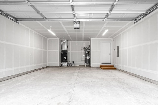 garage with electric panel, heating unit, strapped water heater, and a garage door opener