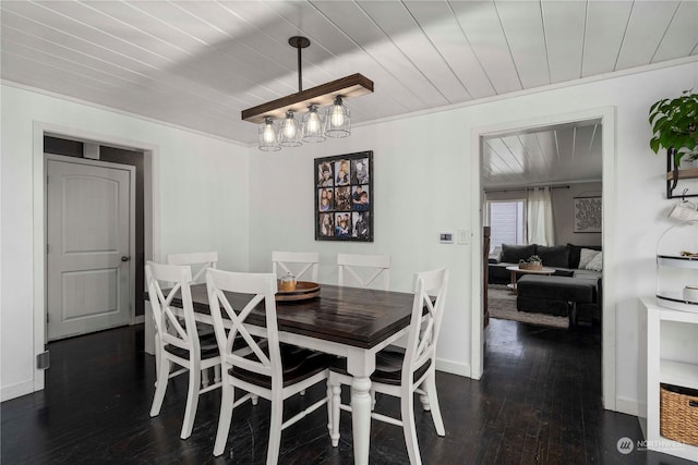 dining area with dark hardwood / wood-style flooring and wooden ceiling