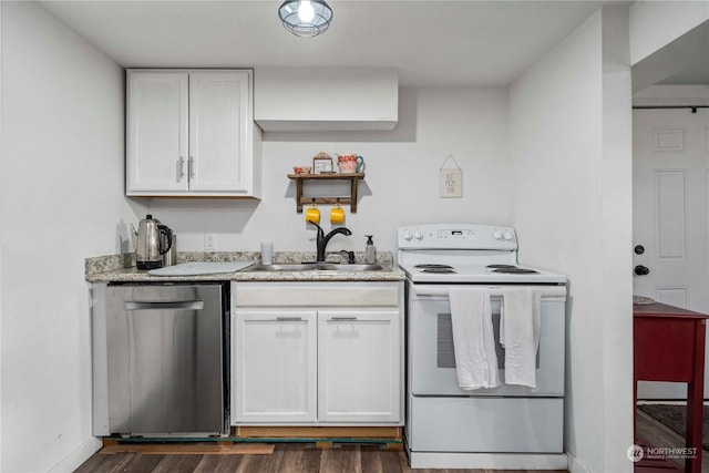 kitchen featuring dark wood-type flooring, white electric range, sink, stainless steel dishwasher, and white cabinetry