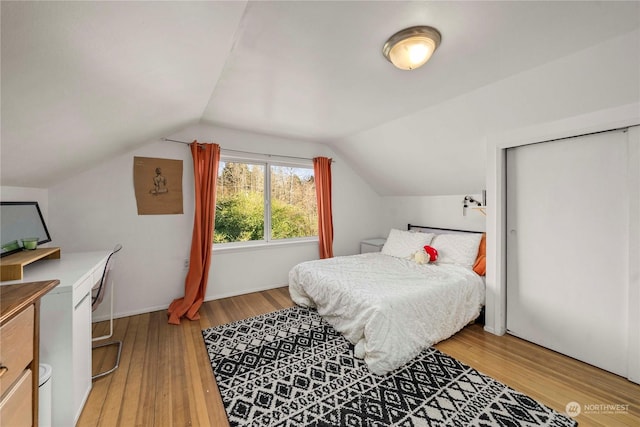 bedroom with hardwood / wood-style flooring and vaulted ceiling