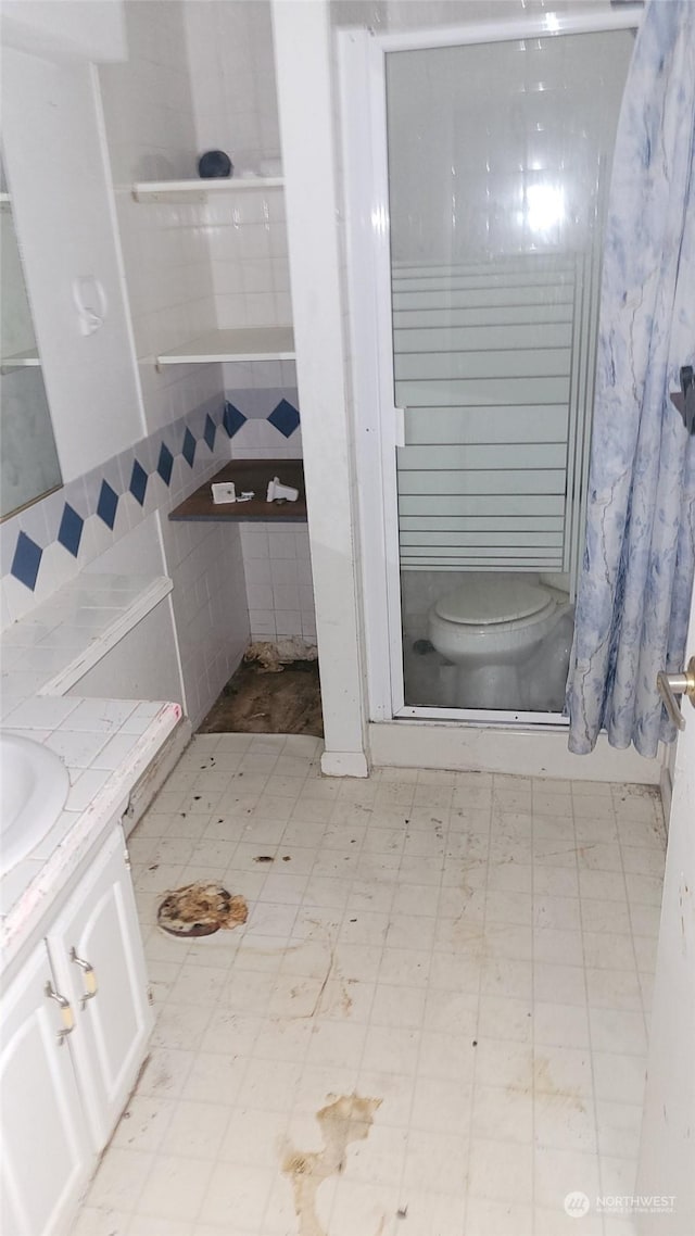 bathroom featuring tasteful backsplash, vanity, and toilet