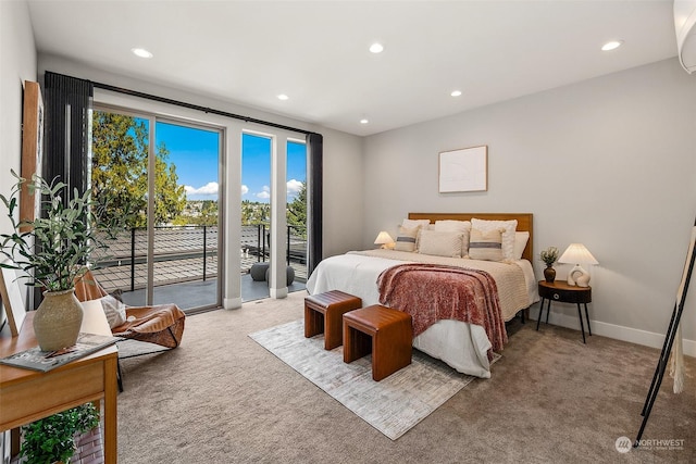 bedroom featuring access to exterior, light colored carpet, and multiple windows