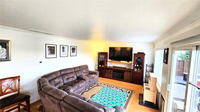 living room featuring crown molding and light hardwood / wood-style flooring