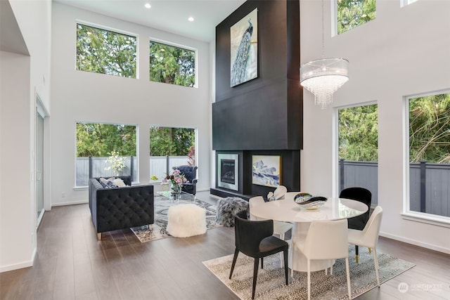 dining room featuring a chandelier, a high ceiling, and hardwood / wood-style flooring