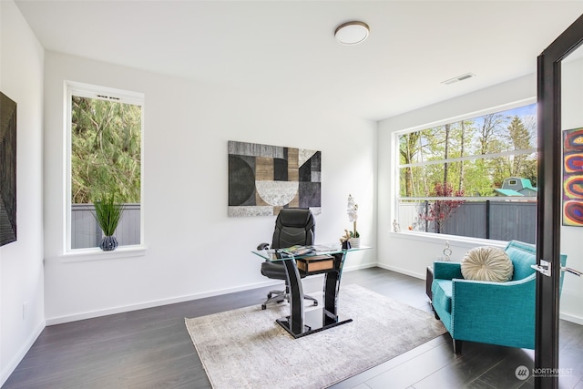 office space with dark hardwood / wood-style flooring