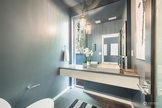 bathroom with vanity, toilet, and wood-type flooring