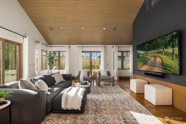 interior space with dark wood-type flooring, high vaulted ceiling, and wooden ceiling