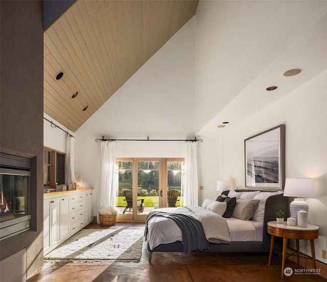 bedroom with access to exterior, french doors, high vaulted ceiling, and wooden ceiling