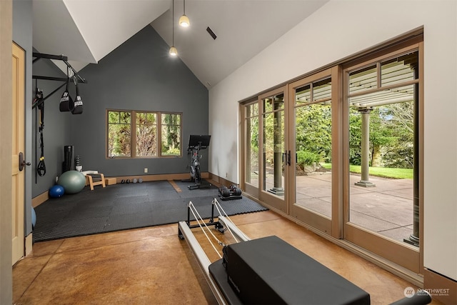 exercise area featuring high vaulted ceiling and a wealth of natural light