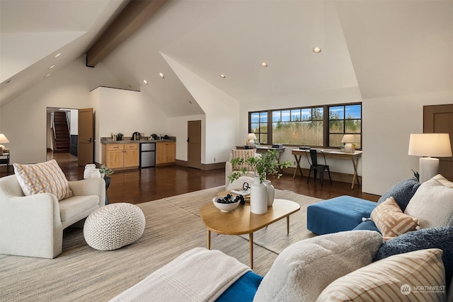 living room featuring lofted ceiling with beams and wood-type flooring