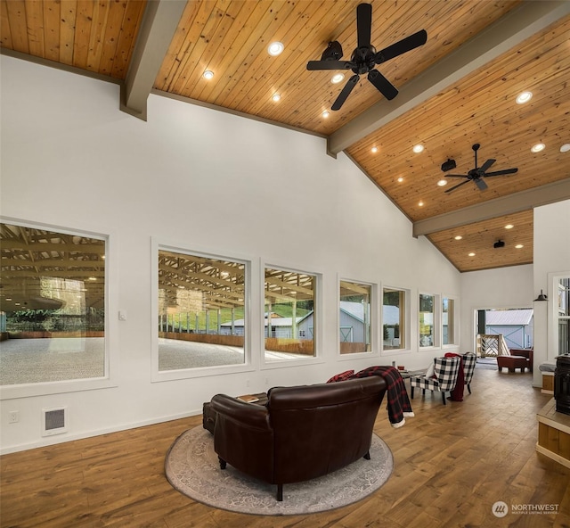 living room featuring beam ceiling, ceiling fan, high vaulted ceiling, wood-type flooring, and wood ceiling