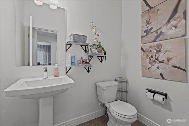 bathroom with hardwood / wood-style flooring and toilet