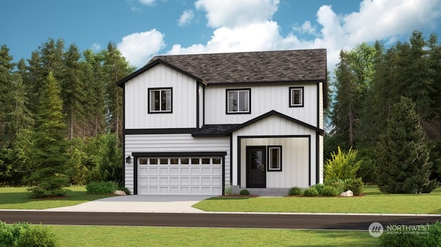 view of front facade featuring a front lawn and a garage