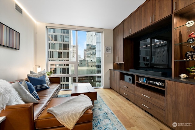 sitting room featuring floor to ceiling windows and light hardwood / wood-style flooring