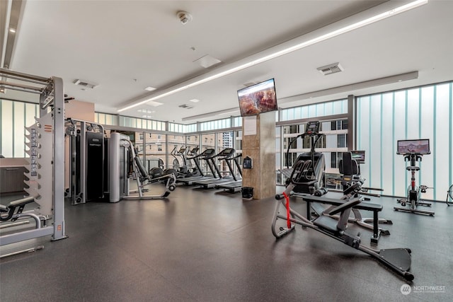 exercise room featuring expansive windows