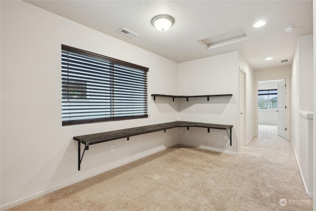 interior space with a textured ceiling and light colored carpet