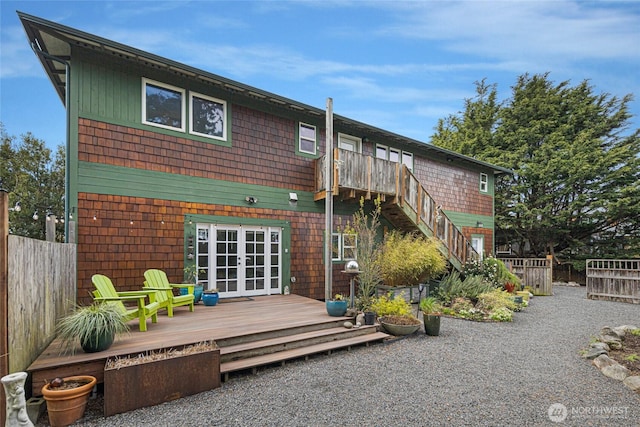 360 Linder St, Friday Harbor, WA 98250 - rear view of house with french doors, fence, a wooden deck, and stairway