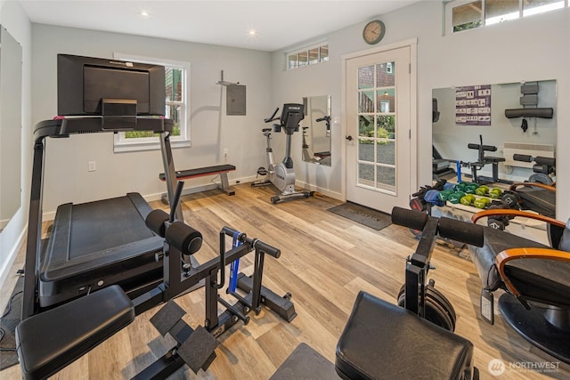 360 Linder St, Friday Harbor, WA 98250 - exercise area with light wood-style flooring, recessed lighting, electric panel, and baseboards