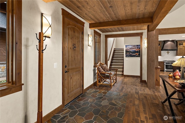 interior space with beamed ceiling and wooden ceiling