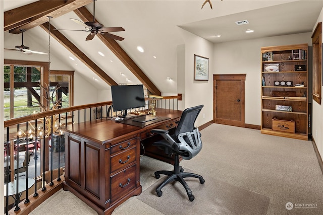 office area with light carpet, vaulted ceiling with beams, and ceiling fan