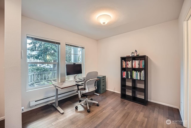 home office featuring hardwood / wood-style flooring and baseboard heating