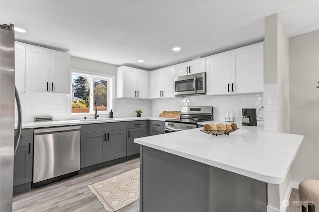 kitchen featuring kitchen peninsula, gray cabinetry, stainless steel appliances, sink, and white cabinets