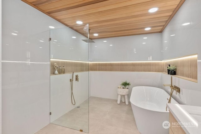 bathroom featuring independent shower and bath and wood ceiling