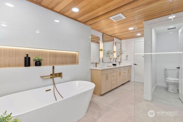 bathroom with vanity, wooden ceiling, a bathing tub, tile patterned floors, and toilet