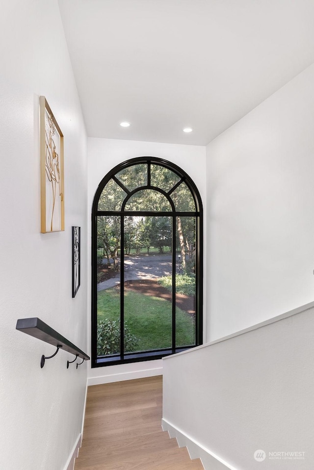 stairway featuring wood-type flooring and plenty of natural light