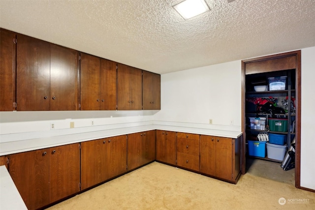 kitchen with light colored carpet and a textured ceiling