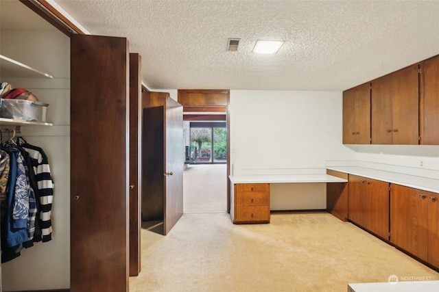 kitchen with a textured ceiling and light colored carpet