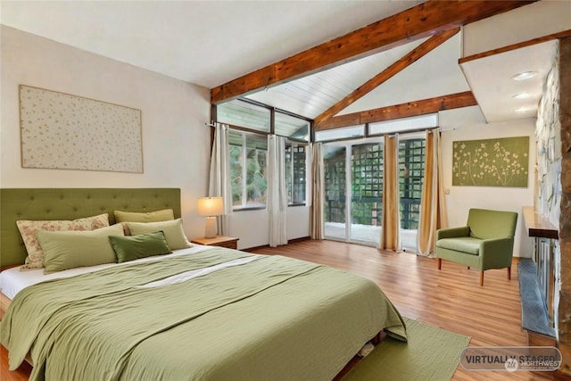 bedroom featuring light wood-type flooring, access to exterior, and vaulted ceiling with beams