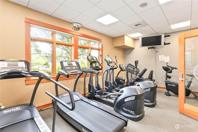 exercise room with carpet floors and a drop ceiling