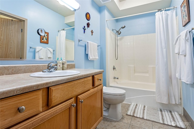 full bathroom with toilet, vanity, tile patterned floors, and shower / tub combo with curtain