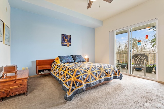 bedroom with carpet flooring, ceiling fan, and access to exterior