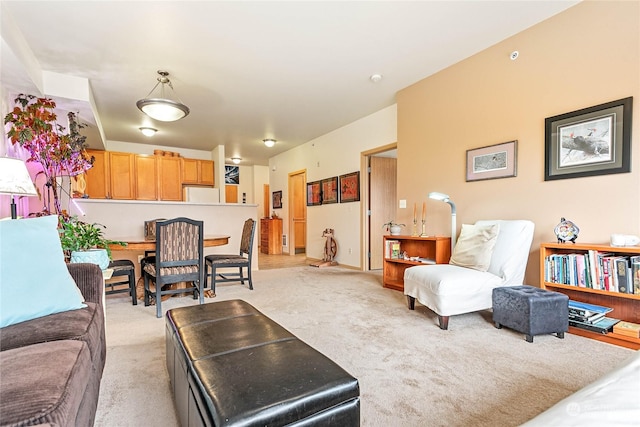 living room featuring light carpet