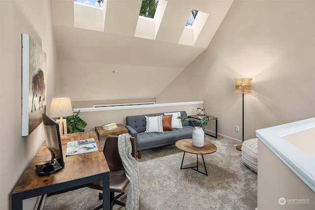 living room featuring carpet and lofted ceiling