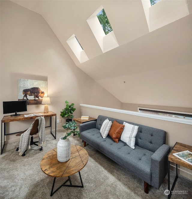 living room with lofted ceiling with skylight and carpet floors