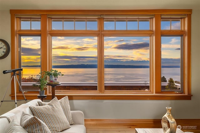 living area featuring a water view