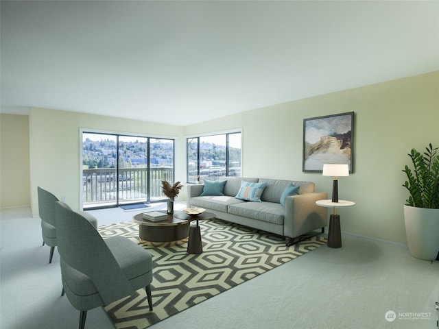 living room with light colored carpet