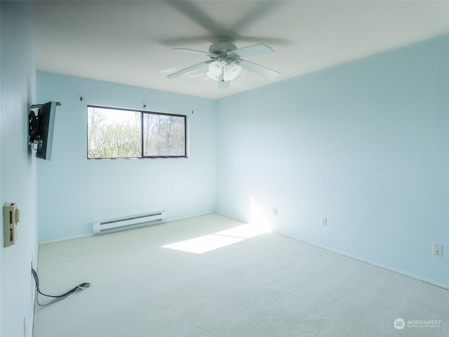 unfurnished room with ceiling fan, light colored carpet, and a baseboard radiator