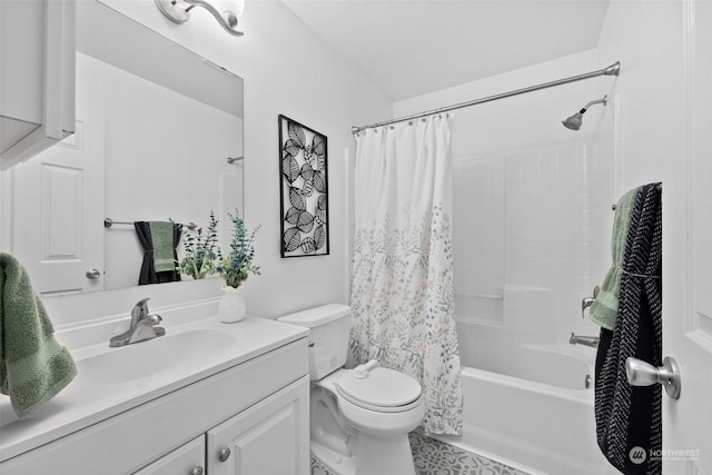 full bathroom with toilet, shower / bath combination with curtain, and vanity