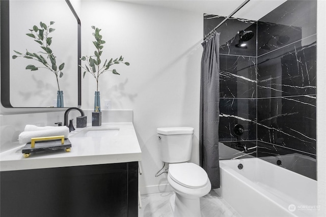 full bathroom with vanity, toilet, and shower / tub combo with curtain