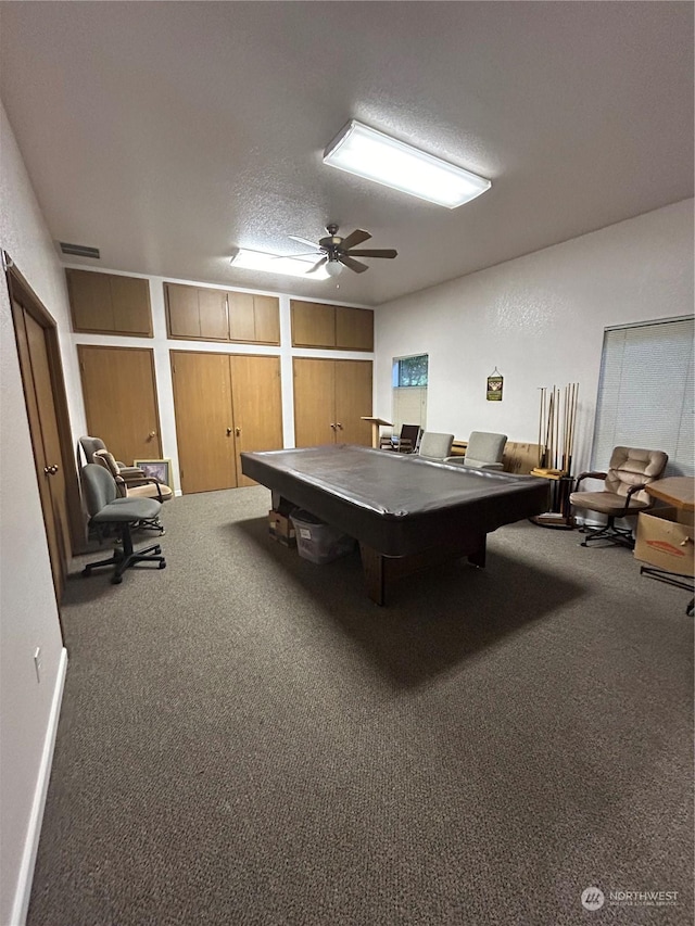 recreation room featuring ceiling fan, carpet floors, a textured ceiling, and pool table