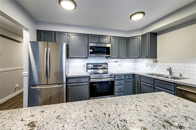 kitchen featuring backsplash, sink, gray cabinetry, and stainless steel appliances